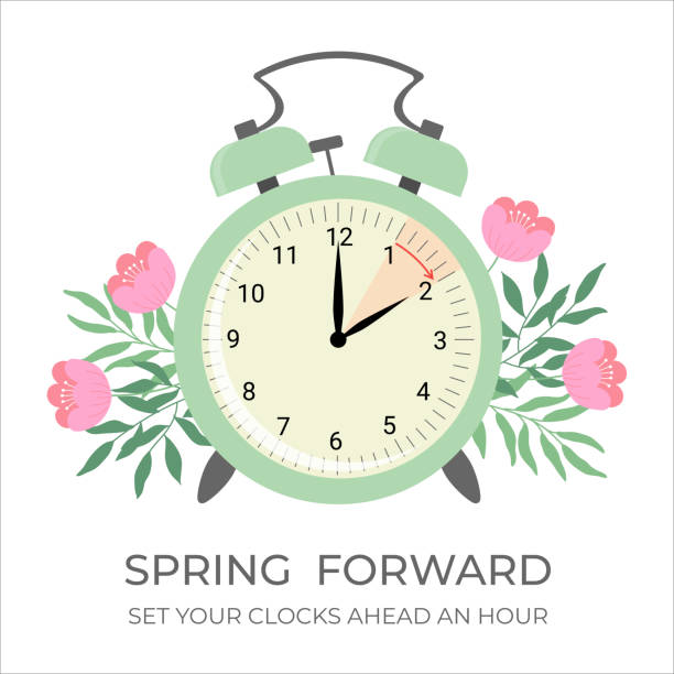 Daylight saving time concept banner. Spring forward time. Allarm clock with flowers and leaves. Vector illustration daylight saving time stock illustrations