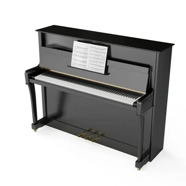 Photo of 3D rendering of black piano isolated on a white background