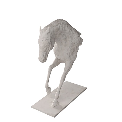A 3D rendering of a white horse statue isolated on a white background
