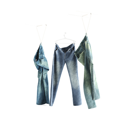 A 3D rendering of three pairs of blue jeans on clothes hangers