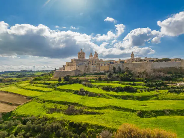 Aerial drone view of old capital of Malta, Mdina city