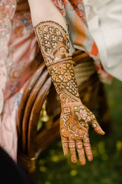 A vertical closeup of a beautiful Bridal henna, mehndi on the hand of an Indian bride