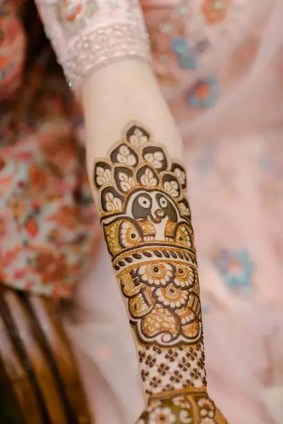 A vertical closeup of a beautiful Bridal henna, mehndi on the hand of an Indian bride