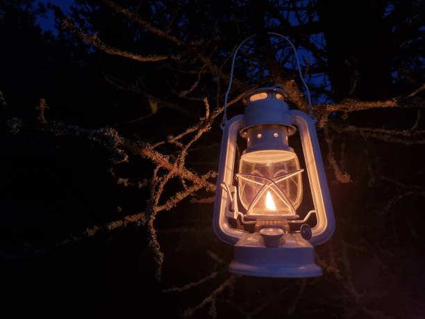 istock Old lantern hanging on the tree at late night 1462556736
