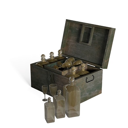 A closeup shot of an old wooden box of empty bottles and glasses on an isolated background