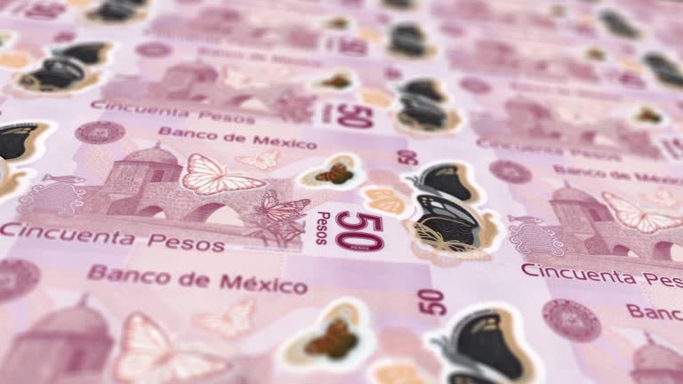 Mexican Peso Printing Press Machine Print out Current Peso Banknotes, Seamless Loop, Mexican Money Currency Background, 4K, Depth of Focus Smoot and Nice stock video