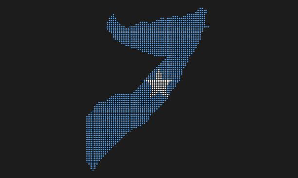Somalia dotted map flag with grunge texture in mosaic dot style. Abstract pixel vector illustration of a country map with halftone effect for infographic. somalian flag stock illustrations