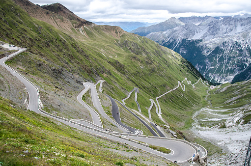 An aerial shot of the winding road of Stelvio Pass on the Otler Alps in Italy
