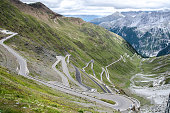 Aerial shot of the winding road of Stelvio Pass on the Otler Alps in Italy