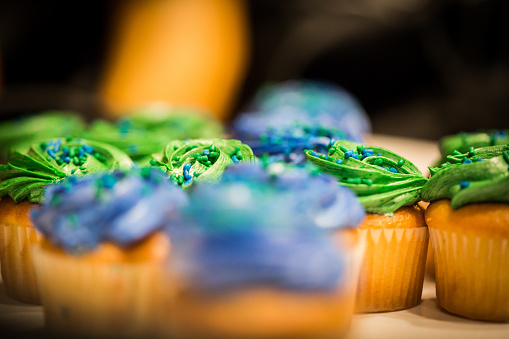 A closeup shot of gourmet cupcakes with green and blue frosting