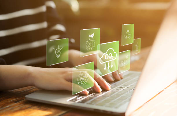 istock Reduce CO2 emissions concept. green business and development based on renewable energy. global warming, global climate change, Woman using laptop for working technology Net zero and Carbon neutrality, 1462568487