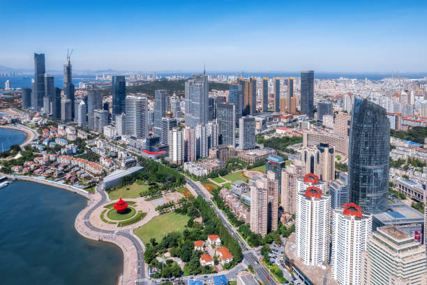 Aerial photo of urban landscape in Qingdao coastal bay area Aerial photo of urban landscape in Qingdao coastal bay area qingdao stock pictures, royalty-free photos & images