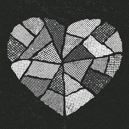 Vector illustration of a broken heart in pieces with distressed halftone texture. Black and White illustration. Black background.