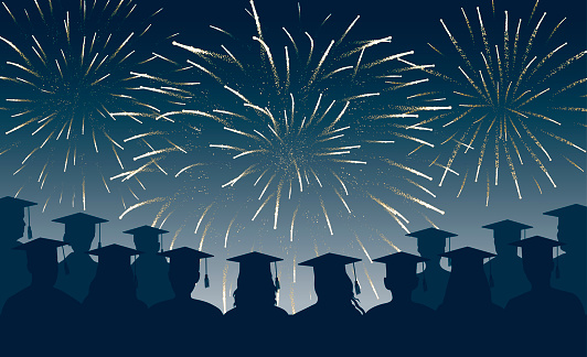 Graduate students looking at fireworks, silhouette. Vector illustration