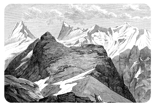 Vintage engraving of the Finsteraarhorn glacier in the Bernese Alps, the highest mountain of Switzerland