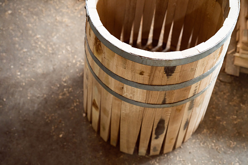Oak barrel at the wood workshop