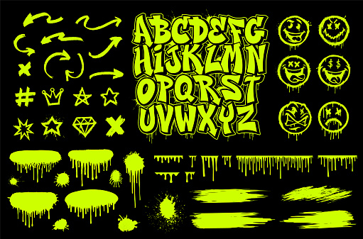 Graffiti Vector Graphics set, includes font, different designs elements such as smiles, arrows, spray drops and other images