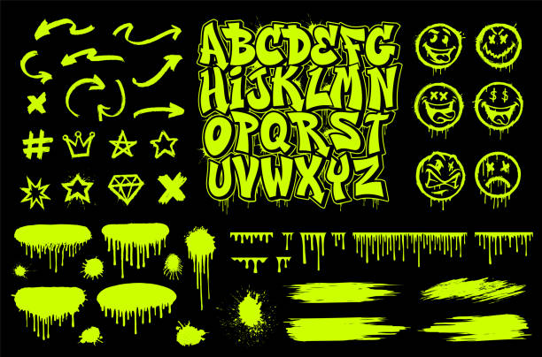 Graffiti Vector Graphics set Graffiti Vector Graphics set, includes font, different designs elements such as smiles, arrows, spray drops and other images street art stock illustrations