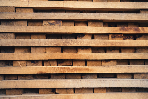 Stacked oak wooden steves on the pallets, which be used for barrel making