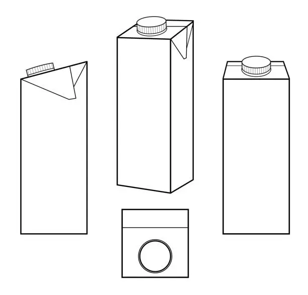 Vector illustration of Line mockup of a drink carton for milk, juice in different angles. View turns of cardboard liquid packaging. Front, side, profile, top view, three-quarter. Vector illustration isolated on white. Food
