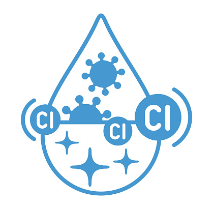 Chlorine action icon - raw water is disinfected with chlorine to become tap and clean water