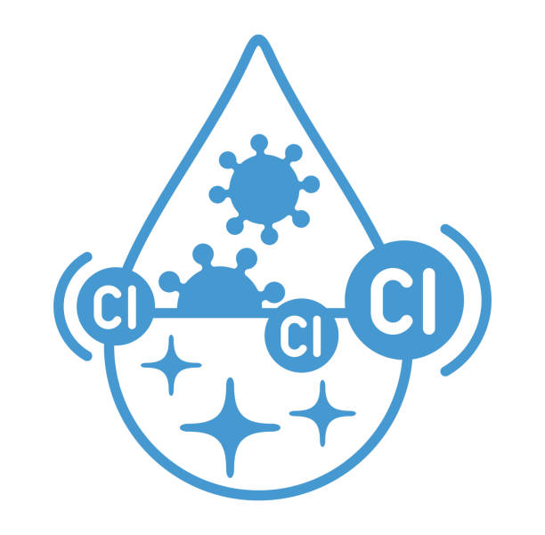 Chlorine action icon - disinfection of water Chlorine action icon - raw water is disinfected with chlorine to become tap and clean water chlorine stock illustrations