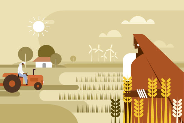 ilustrações de stock, clip art, desenhos animados e ícones de illustration of an indian farmer family engaged in the farming activities in the field - farm worker