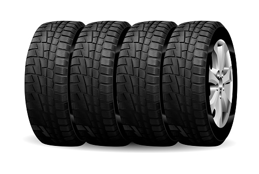 Winter tire. Winter car wheel isolated vector set. Snow rubber for truck, bus vehicle,fast professional transport. Tire stack front view illustration for sale or vulcanization service