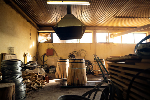Oak barrels at the wood workshop