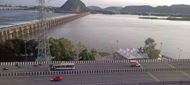 Photo of Beautiful Vijayawada tourism place flyover and Krishna river water and mountain