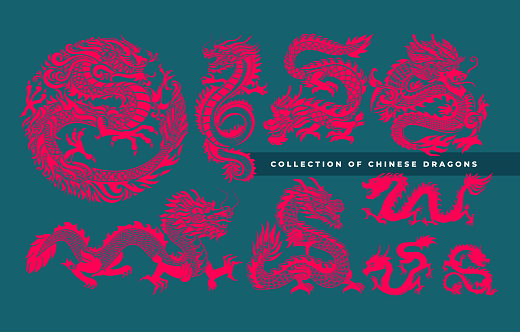 Set of traditional Chinese Dragon. black asian dragons. Happy Chinese New Year 2024 year of the dragon zodiac sign with asian elements black and white paper cut style. Vector Illustration.
