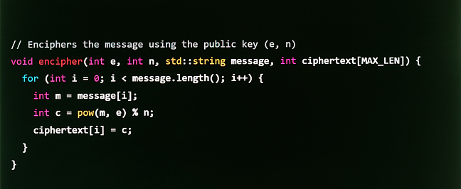 Photograph of a computer screen displaying a section of a computer program in the C++ programming language to encipher a text string using public-key encryption.