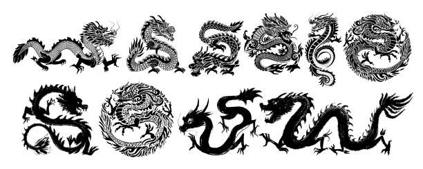 illustrations, cliparts, dessins animés et icônes de dragon chinois traditionnel. ensemble de caractères chinois traduire dragon, illustration vectorielle. fait à la main. dessin réalisé avec un coup de pinceau. conception de tatouage. nouvel an 2024 année du zodiaque dragon. - dragon