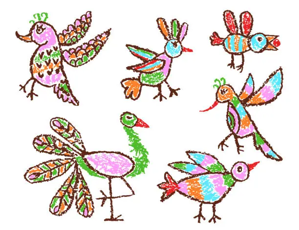 Vector illustration of Tropical crazy fantastic doodle birds set.
