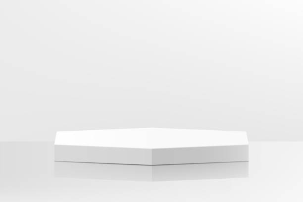 istock Abstract white pedestal podium in polyhedron shape. Minimal wall scene for product display presentation. Realistic 3d vector geometric rendering platform design. Polyhedron. 1462627989