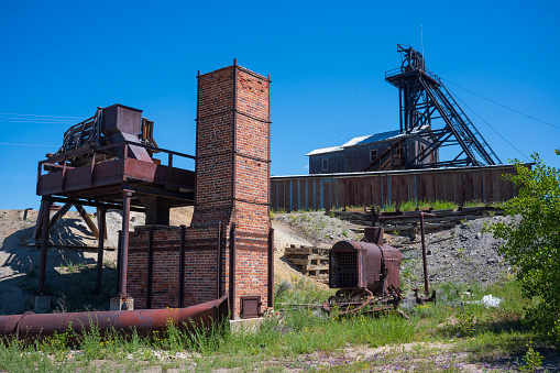 The head frame of the copper mine  in Butte, Montana, shown here during a summer day with clear sky.