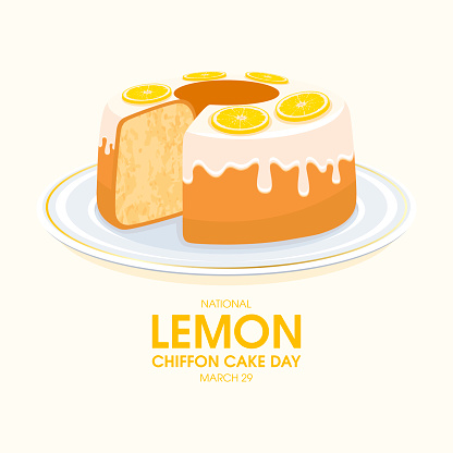 Whole fresh lemon fruit cake icon vector. Lemon chiffon cake on a plate illustration. March 29. Important day