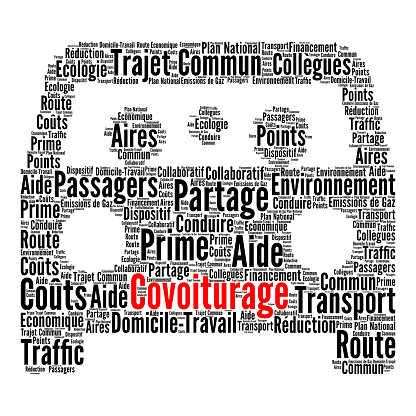 Carpooling word cloud concept called covoiturage in French language