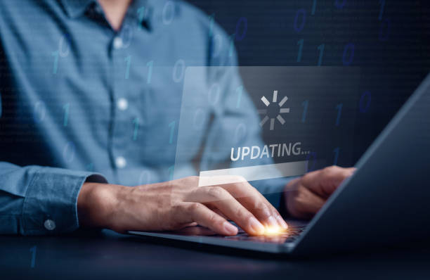 Update software system in computer. Man using smartphone upgrade program, Business technology internet loading virtual bar with installing the update for the quality better. Update software system in computer. Man using smartphone upgrade program, Business technology internet loading virtual bar with installing the update for the quality better. patchwork stock pictures, royalty-free photos & images