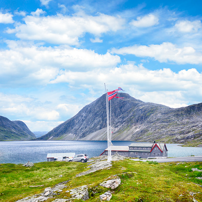 Djupvatnet lake lies at 1016 metres (3333 ft) above sea level, Stranda Municipality, Norway. Composite photo