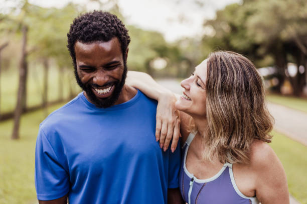 Portrait of two people while walking together