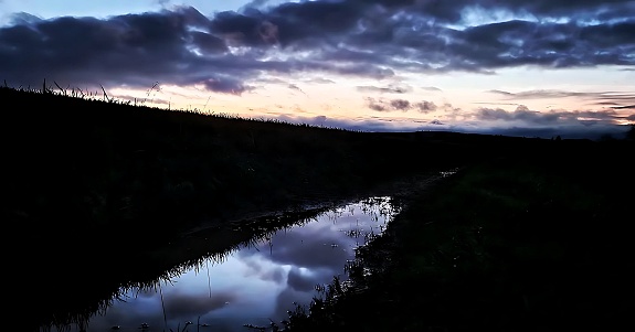 Crepuscule, reflection of the sky in puddle