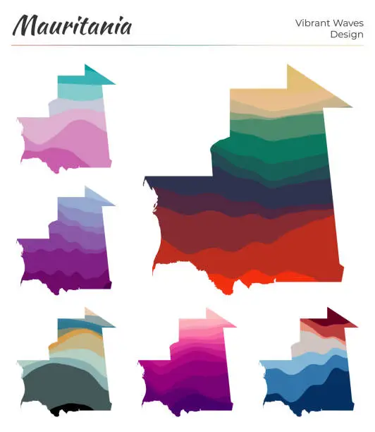 Vector illustration of Set of vector maps of Mauritania. Vibrant waves design. Bright map of country in geometric smooth curves style. Multicolored Mauritania map for your design. Astonishing vector illustration.