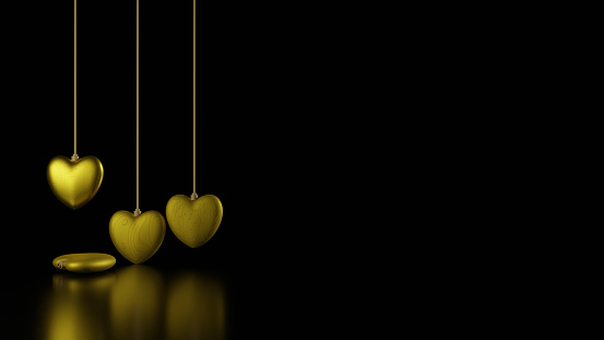 Hanging of gold heart on turbid mirror floor (3D Rendering)