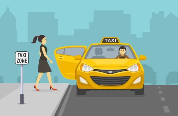 Vector illustration of Young woman getting into yellow taxi cab. City taxi service. Front view.