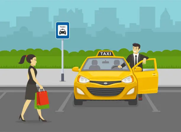 Vector illustration of Woman coming from shopping and going near the city taxi service vehicle. Young taxi driver leaning on the car door.