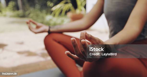 Woman Mudra Hands And Meditation For Wellness Freedom And Calm Chakra Energy In Garden Park And Zen Closeup Girl Yoga Exercise And Meditate In Lotus Outdoors For Mental Health Hope And Mindset Stock Photo - Download Image Now