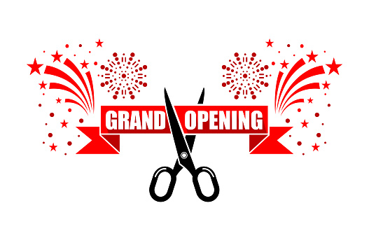 Grand opening flyer template with copy space for your text. Scissors cut red ribbon on background of fireworks. Vector