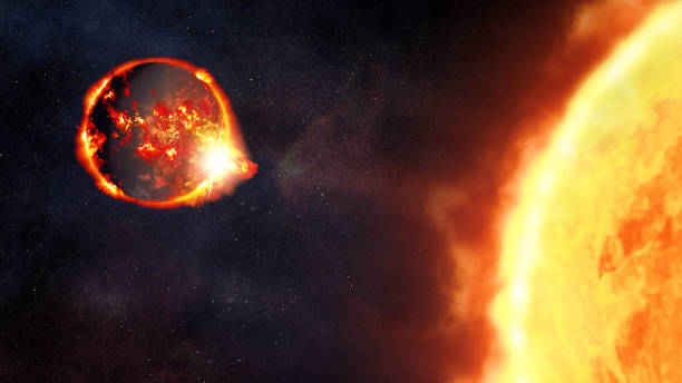 istock Apocalyptic abstract background with a burning planet next to the Sun. Elements of this image furnished by NASA. 1462668100