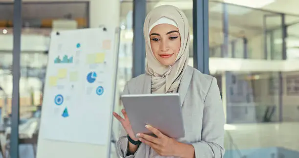 Hijab, muslim business woman and tablet work of a digital web design developer in a conference room. Office, online working and tech research of a webdesign worker planning a social media app design